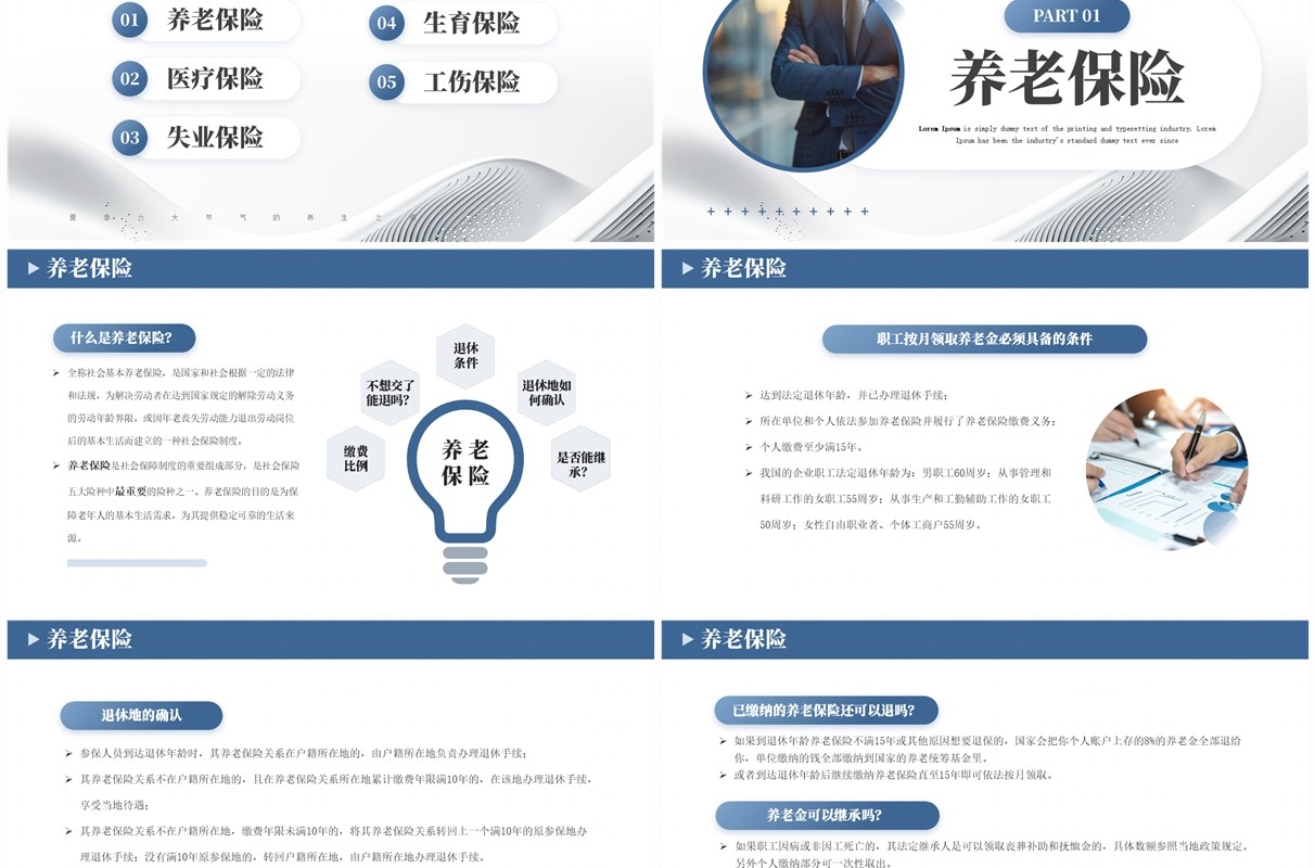 蓝灰色商务风社保知识宣传培训PPT模板