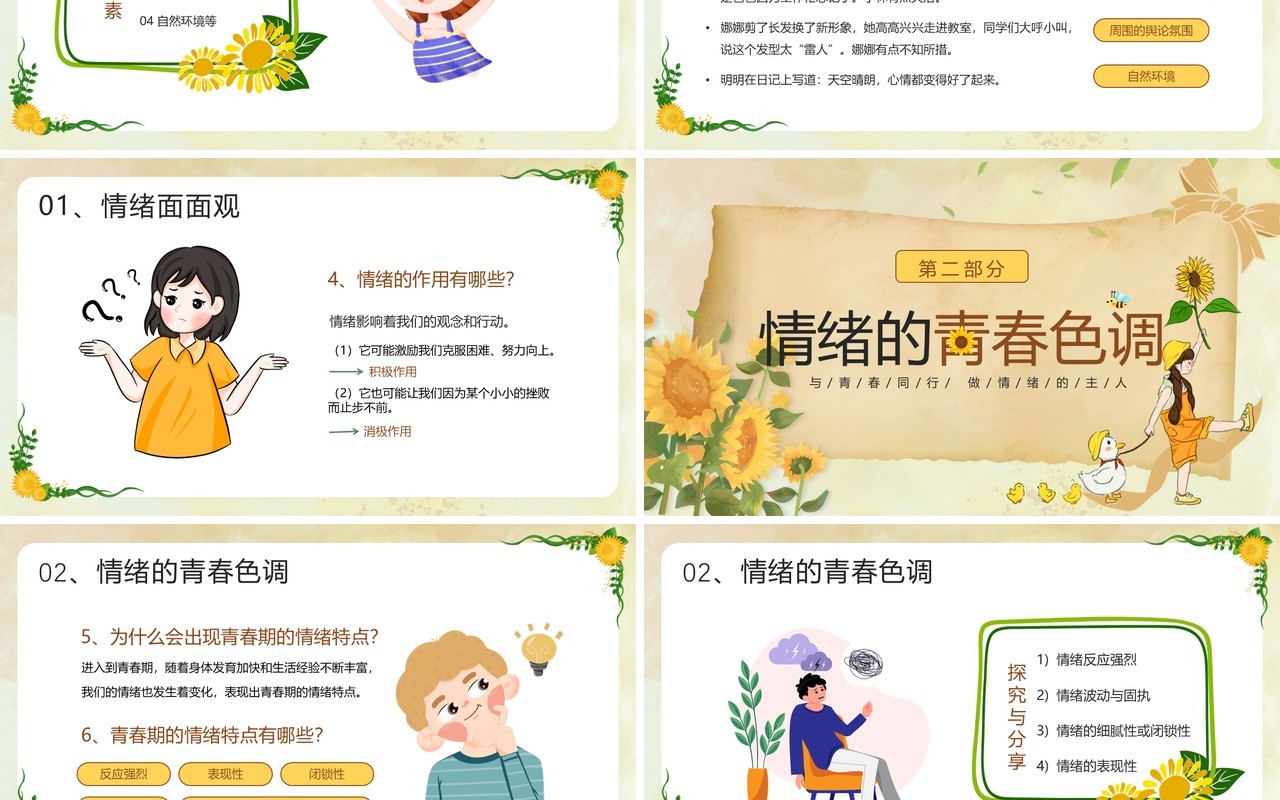 黄色插画风青春的情绪主题班会PPT模板