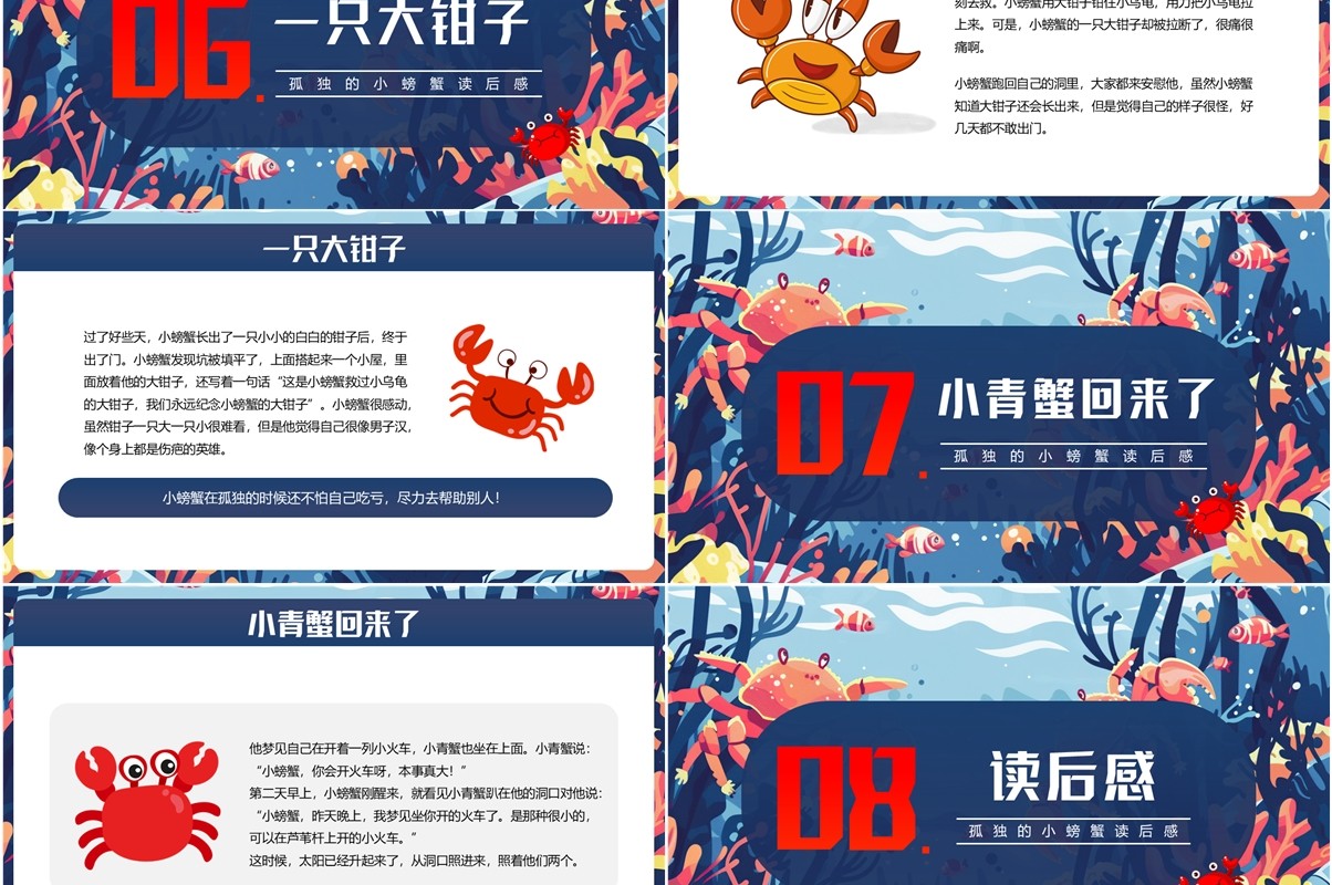 蓝色插画风孤独的小螃蟹读后感PPT模板