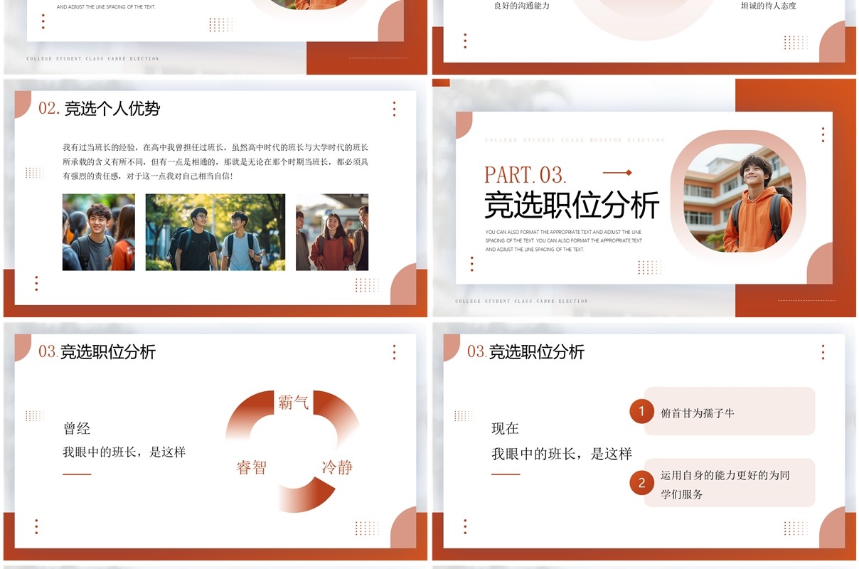 橙色简约风大学生班长竞选PPT模板