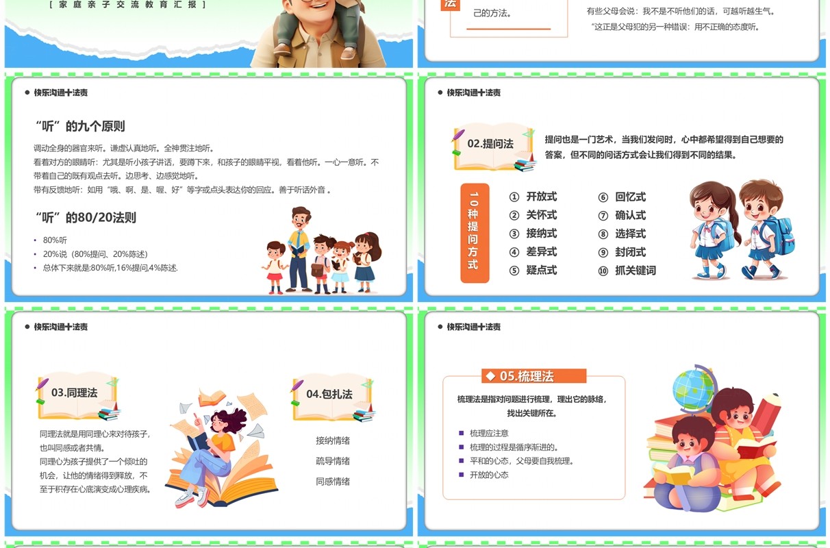 绿色卡通风有效的亲子沟通PPT模板