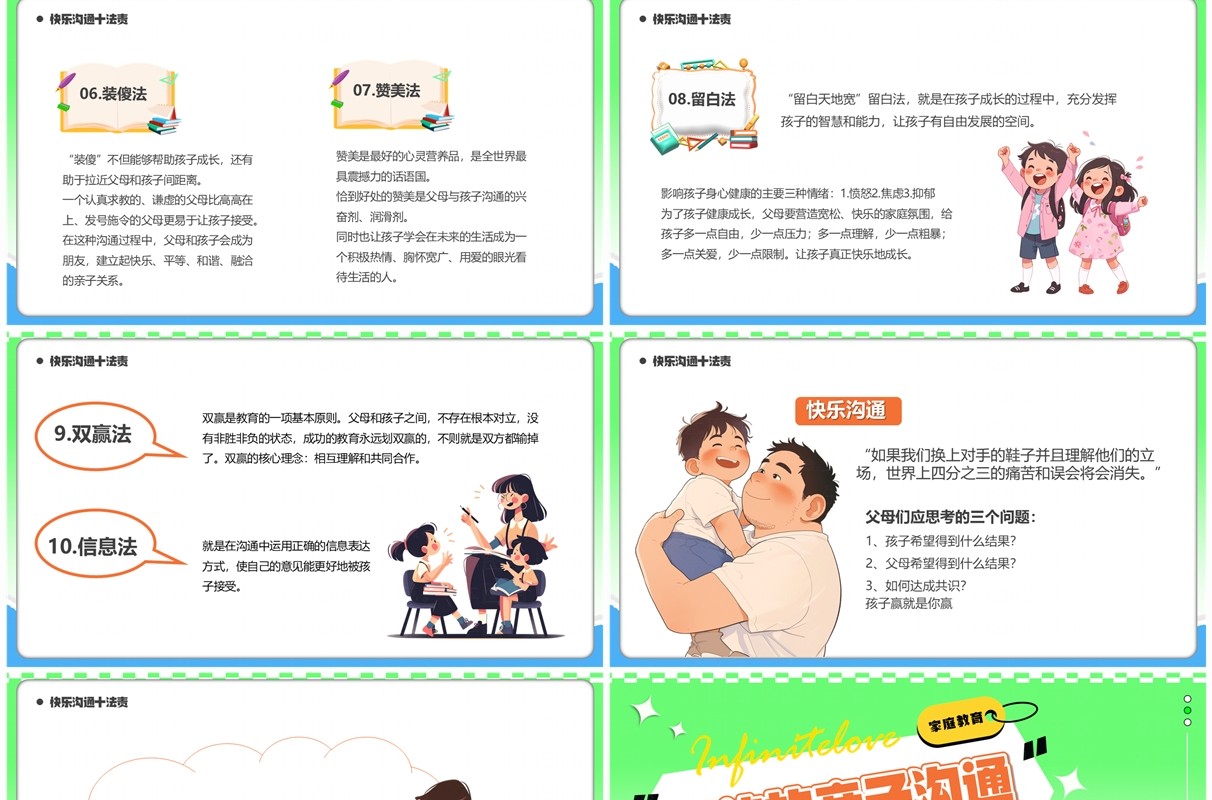 绿色卡通风有效的亲子沟通PPT模板