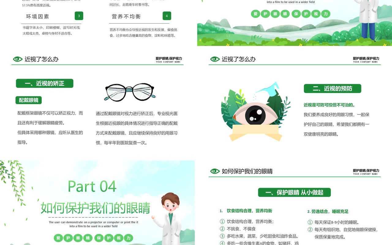 绿色卡通风爱护眼睛从我做起PPT模板
