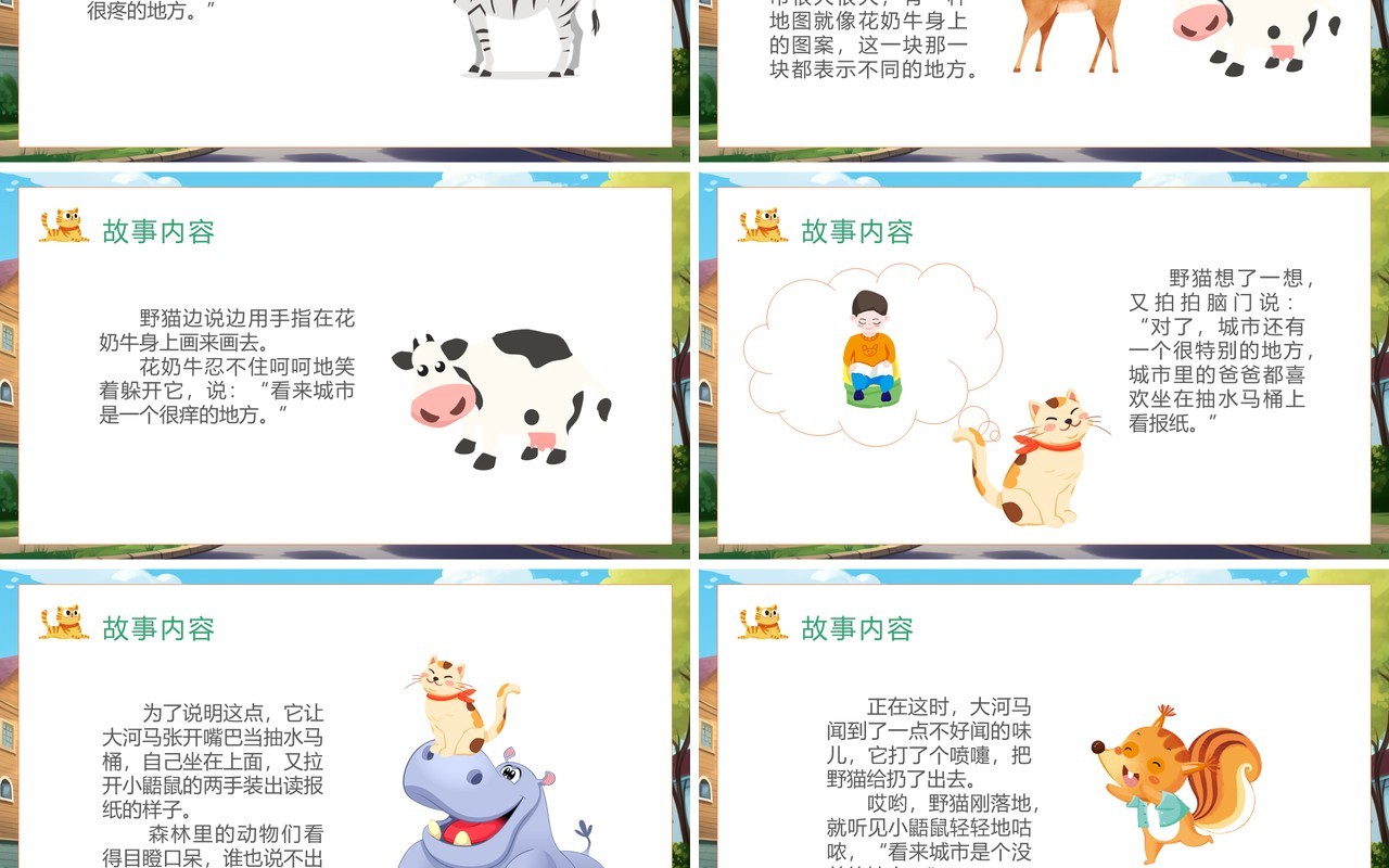 蓝色卡通风野猫的城市绘本故事PPT模板