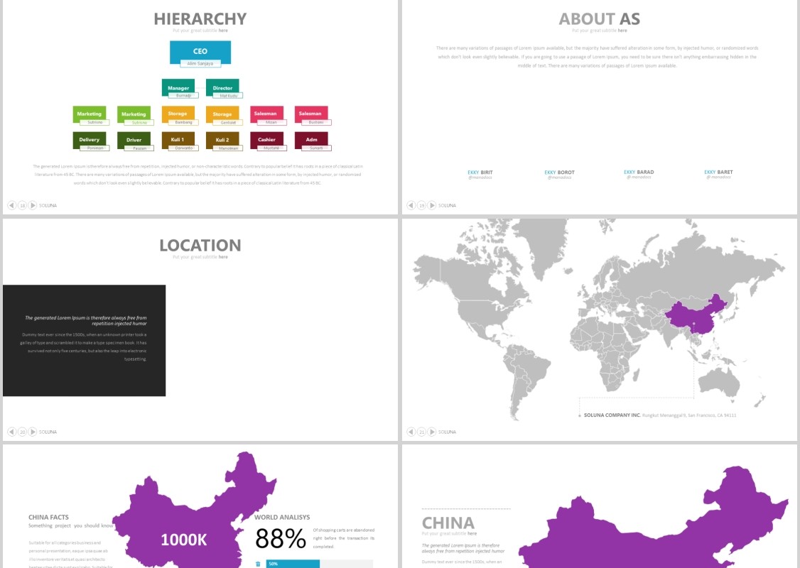 时尚简洁商务工作汇报公司介绍PPT模板带地图SOLUNA Powerpoint