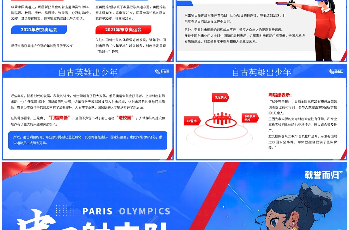 蓝色插画风巴黎奥运会中国射击队PPT模板