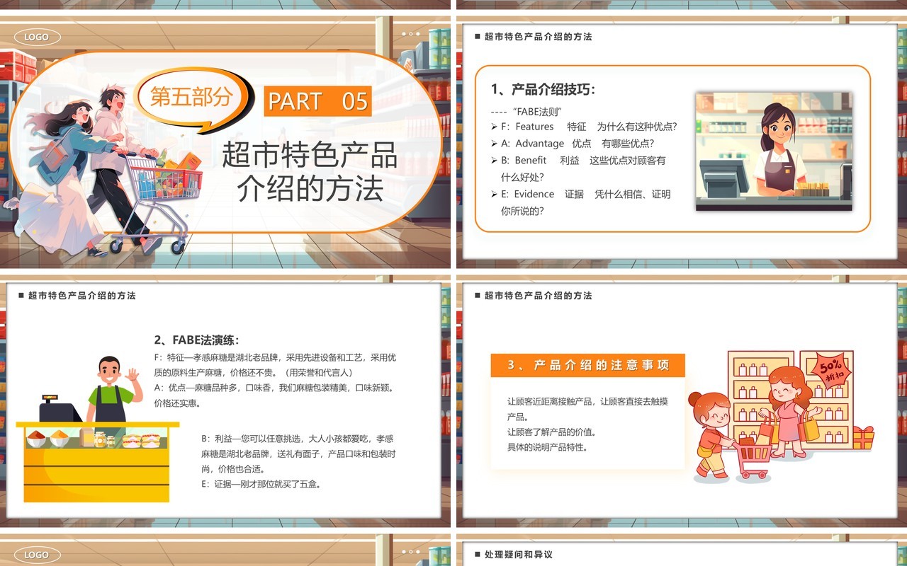 橙色卡通风超市产品促销方法与话术PPT模板