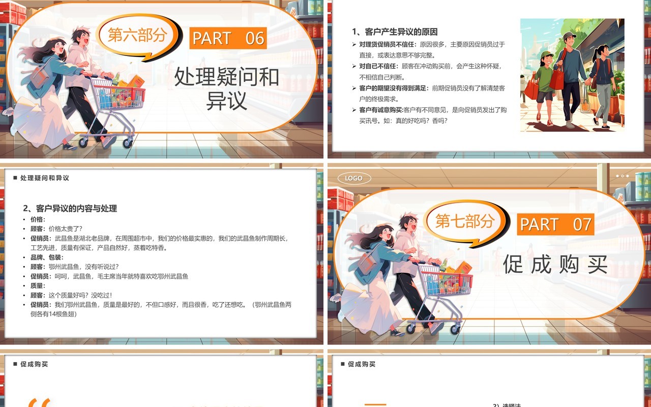 橙色卡通风超市产品促销方法与话术PPT模板