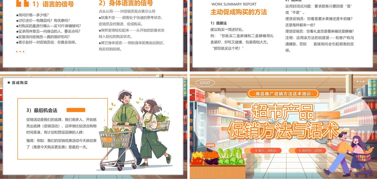 橙色卡通风超市产品促销方法与话术PPT模板