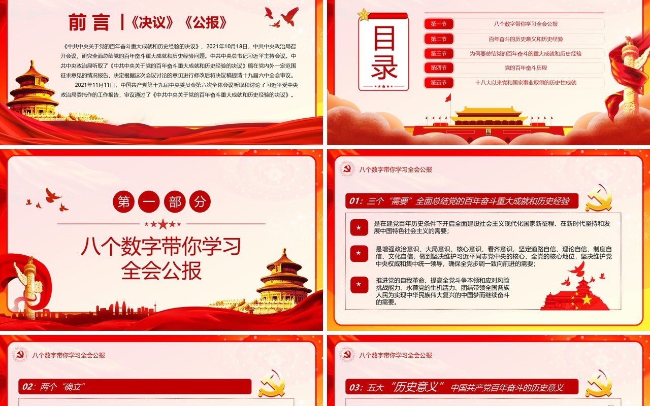 红色简约学习解读《公报》《决议》PPT模板