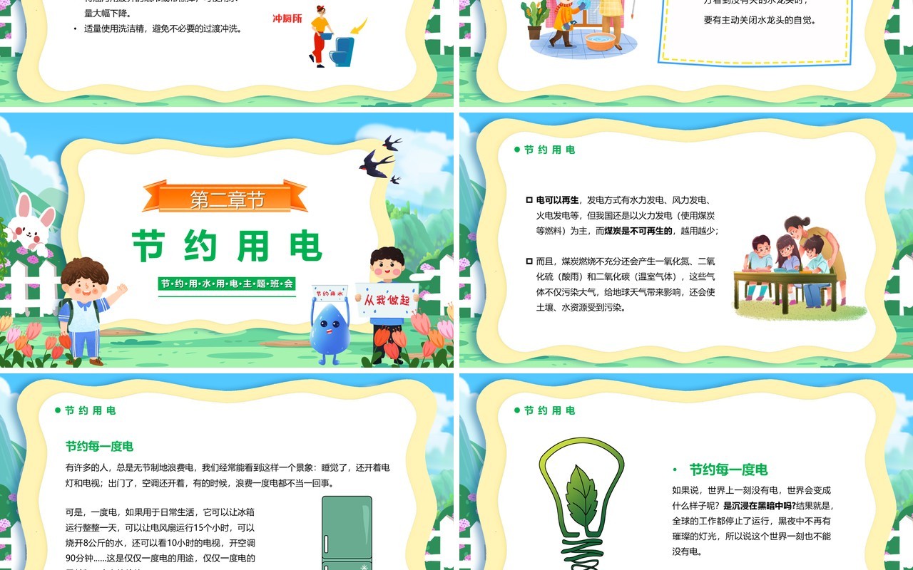 蓝绿色卡通节约用水用电教育课件PPT模板