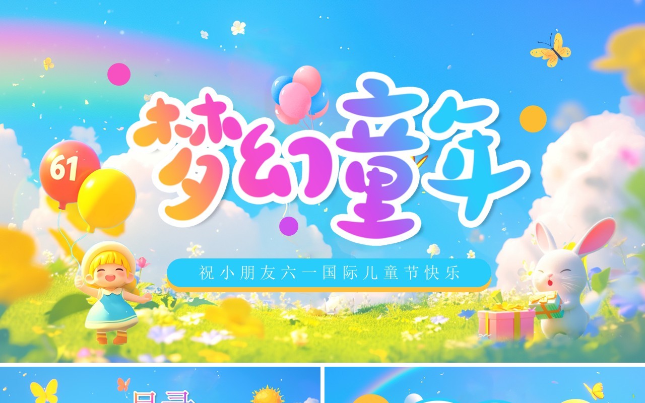 蓝色插画六一儿童节介绍PPT模板