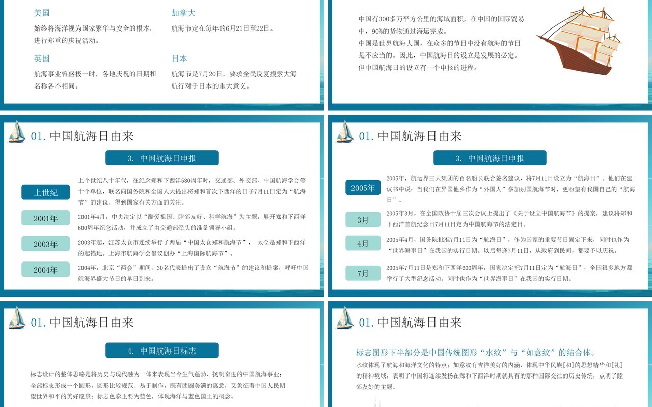 蓝色插画风中国航海日介绍PPT模板