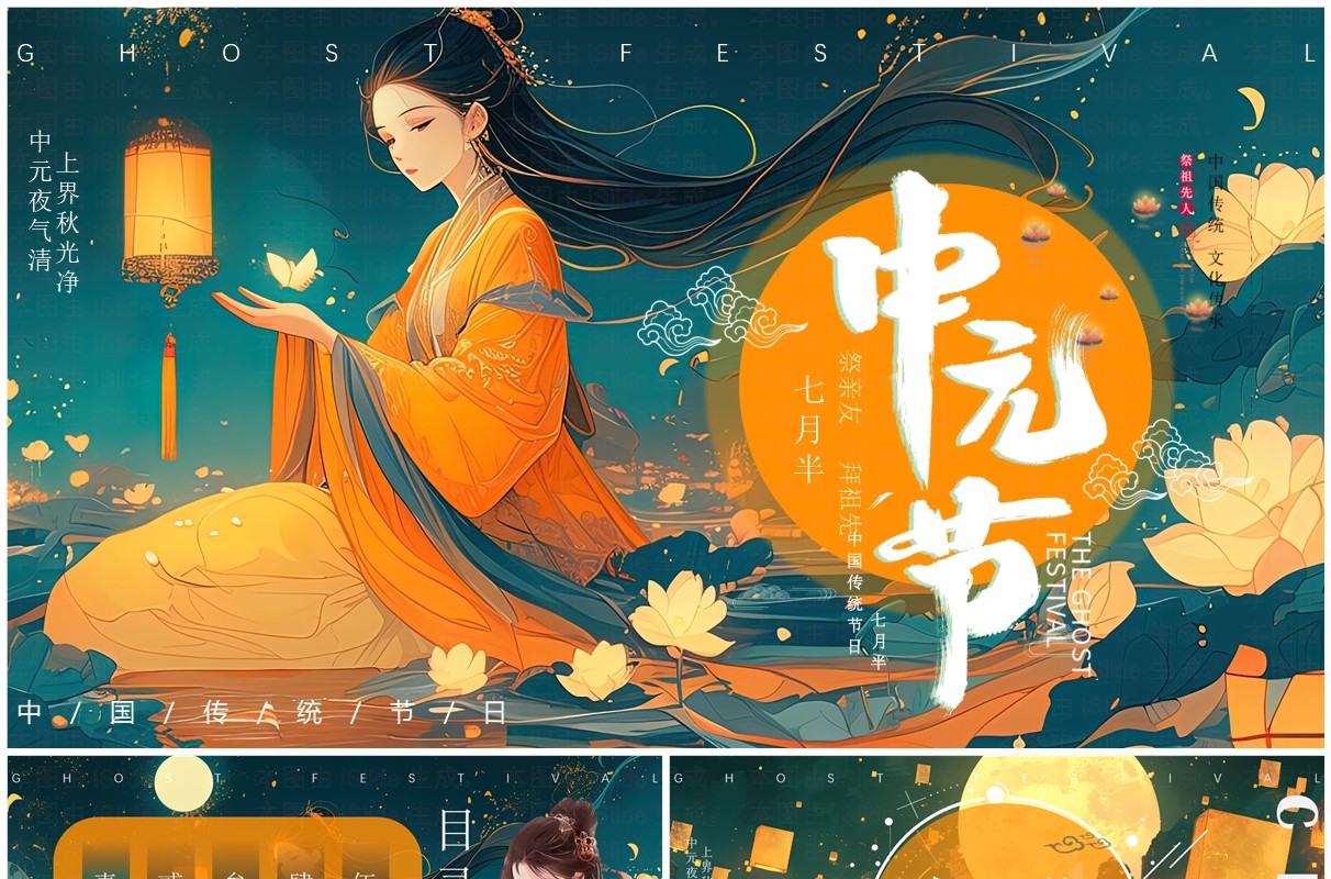 橙绿中国风中国传统节日中元节PPT模板