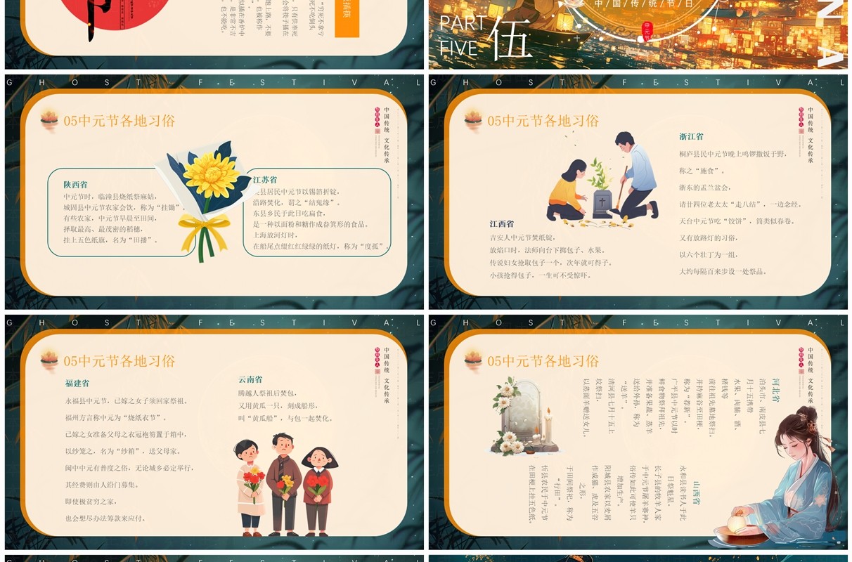 橙绿中国风中国传统节日中元节PPT模板
