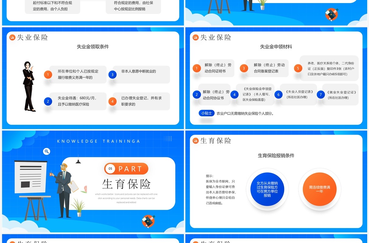 蓝色插画风企业五险一金知识培训PPT模板