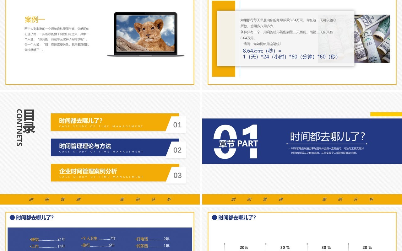 蓝黄色商务办公时间管理案例分析动态PPT模板