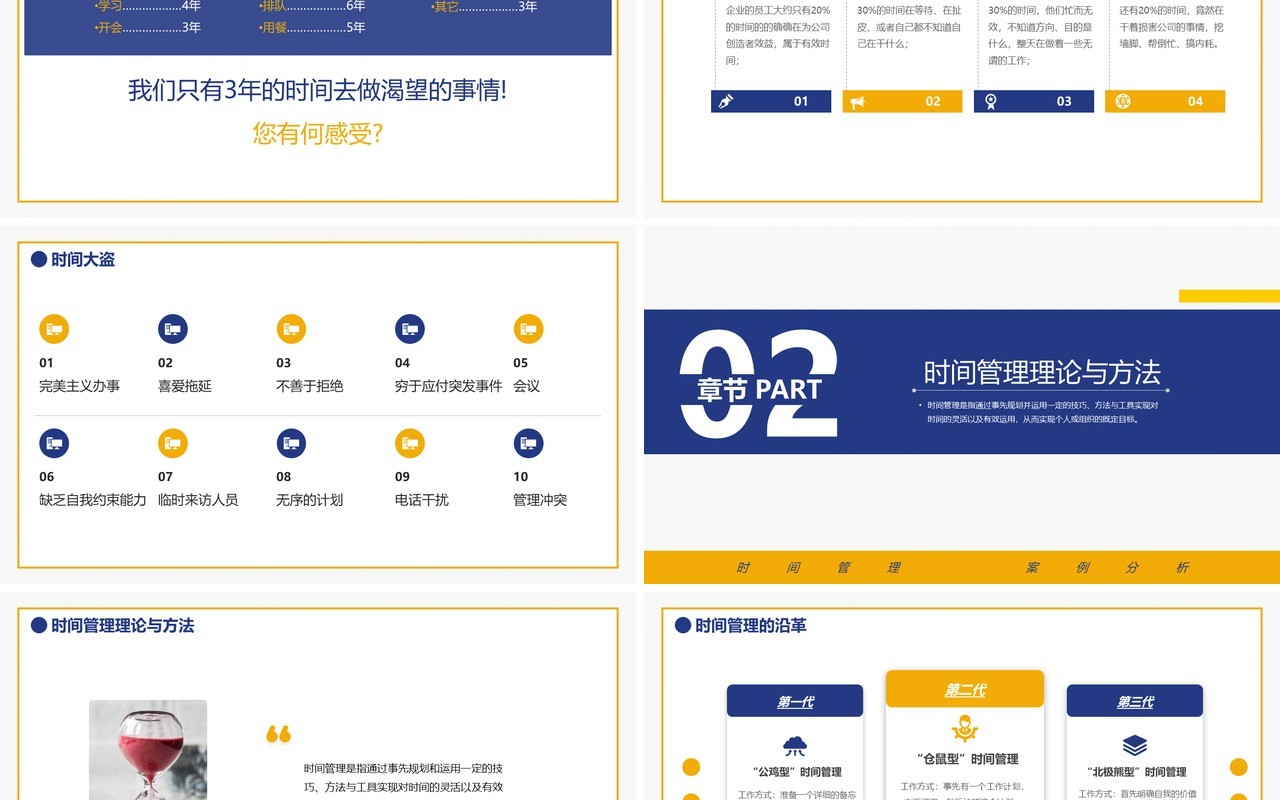 蓝黄色商务办公时间管理案例分析动态PPT模板