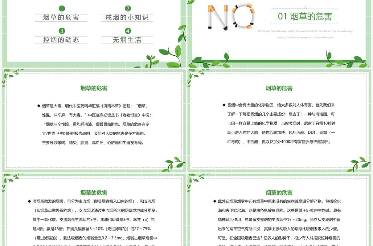 绿色简约控烟知识培训PPT模板