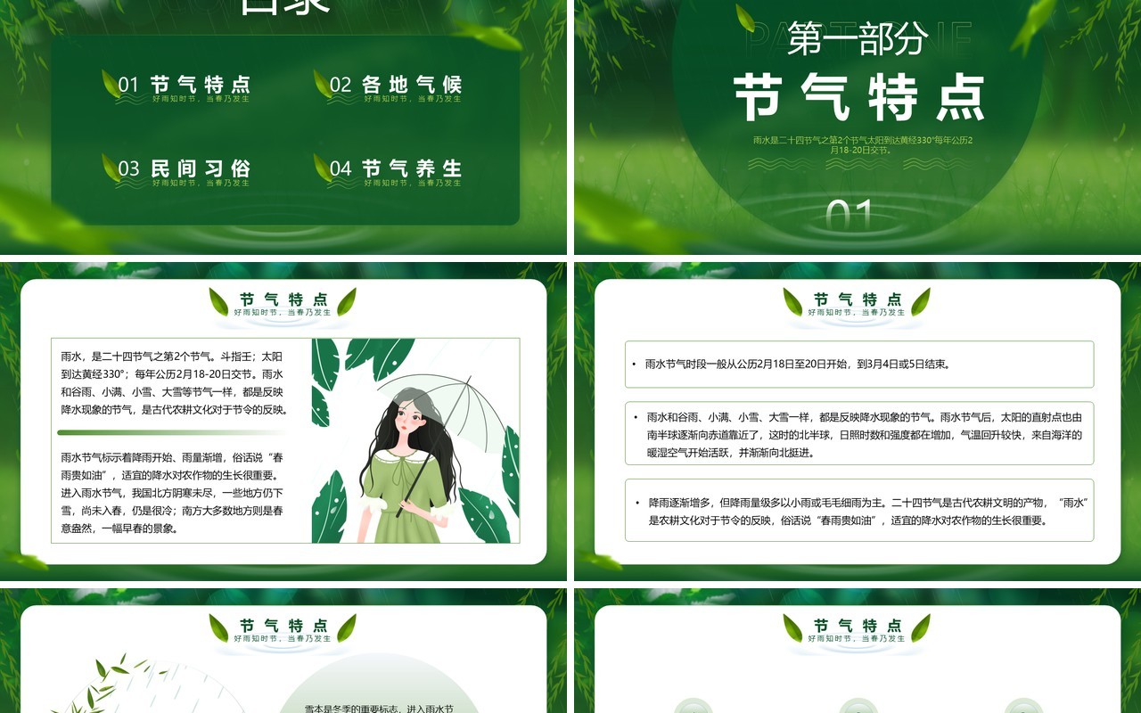 绿色简约清新风二十四节气之雨水介绍PPT模板