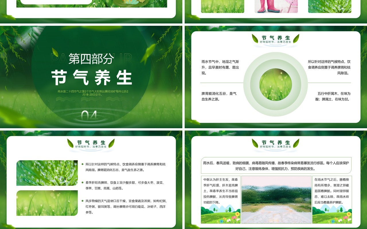 绿色简约清新风二十四节气之雨水介绍PPT模板