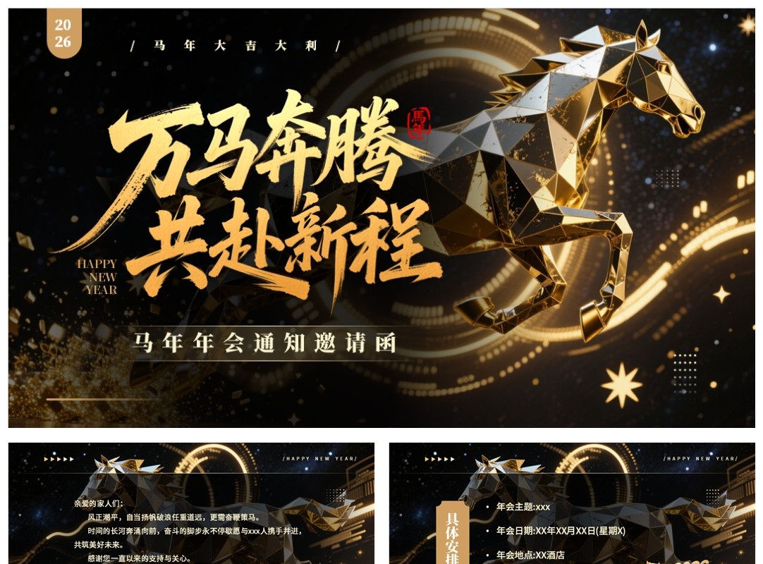 黑金商务风2026马年公司年会邀请函PPT模板