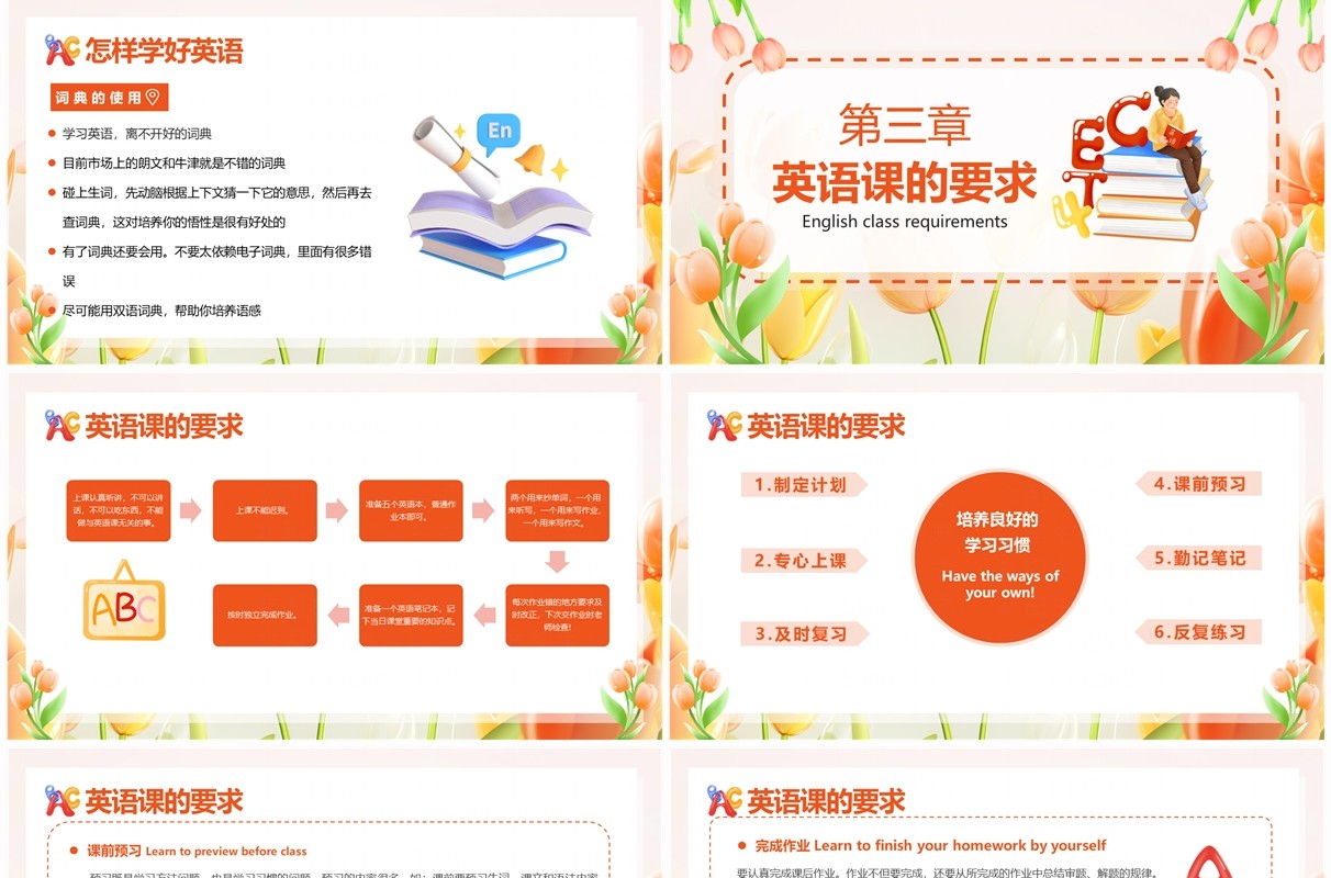 橙色清新卡通风初中英语开学第一课PPT模板