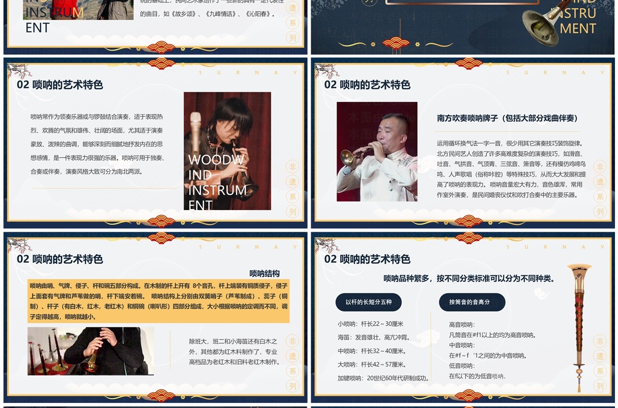 蓝色中国风非遗系列之唢呐艺术PPT模板
