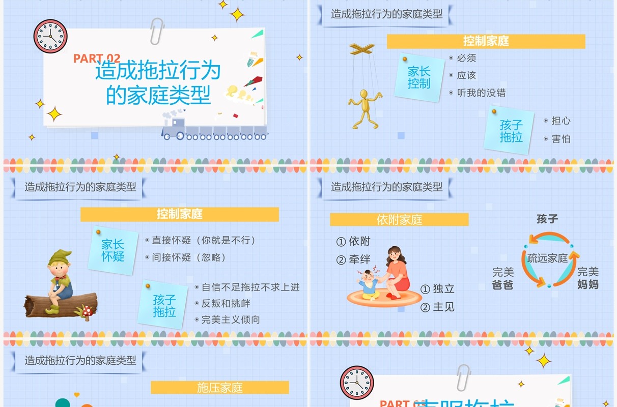蓝色卡通小学生克服拖拉主题班会PPT模板