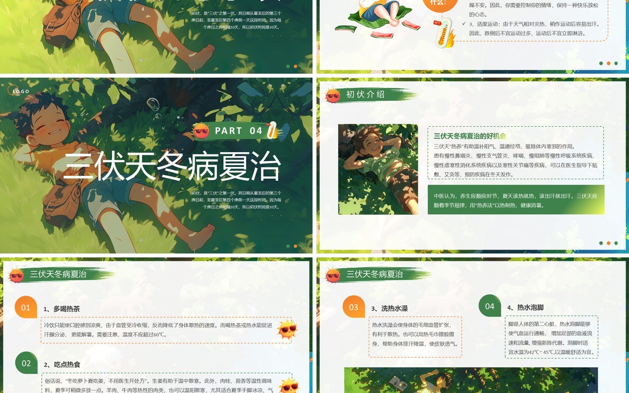 绿色插画风二十四节气之初伏PPT模板