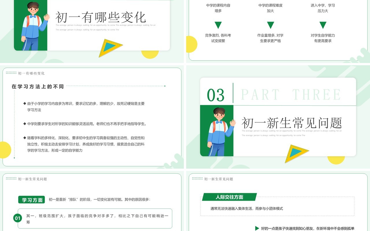 绿色简约卡通风初中新生家长会PPT模板