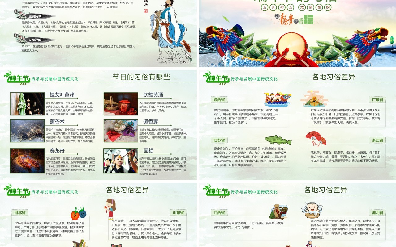 中国传统文化习俗端午节介绍及由来主题班会活动PPT模板