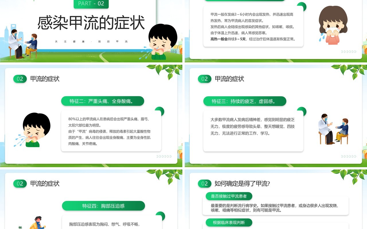 绿色卡通风甲型流感病毒科普讲座PPT模板