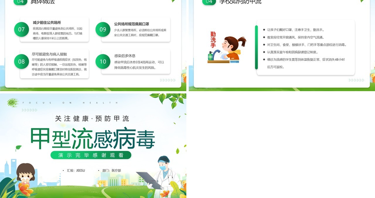绿色卡通风甲型流感病毒科普讲座PPT模板
