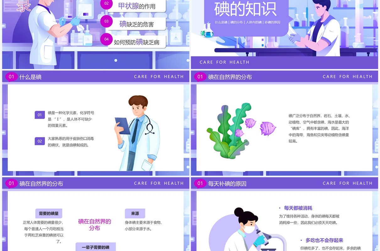 紫色卡通风碘缺乏病日PPT模板