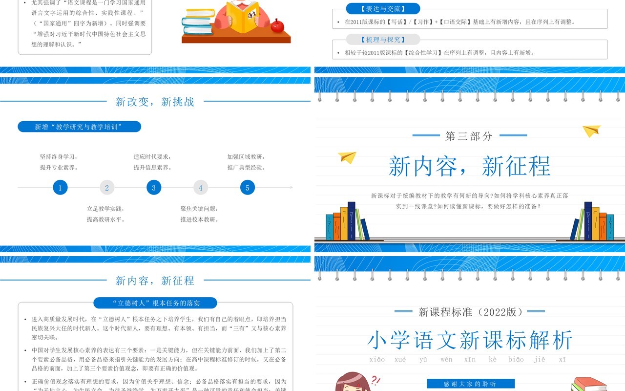 蓝色简约卡通风小学语文新课标解析PPT模板