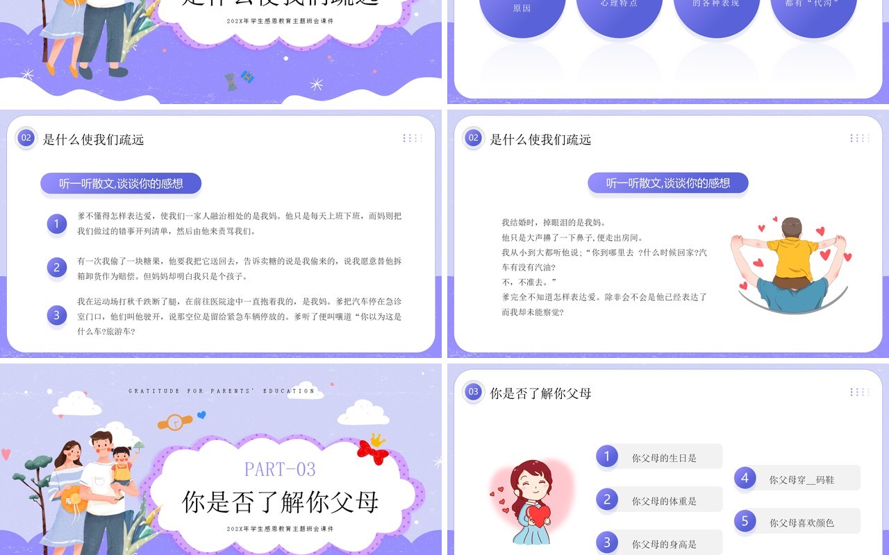 蓝紫色卡通风感恩父母教育班会PPT模板