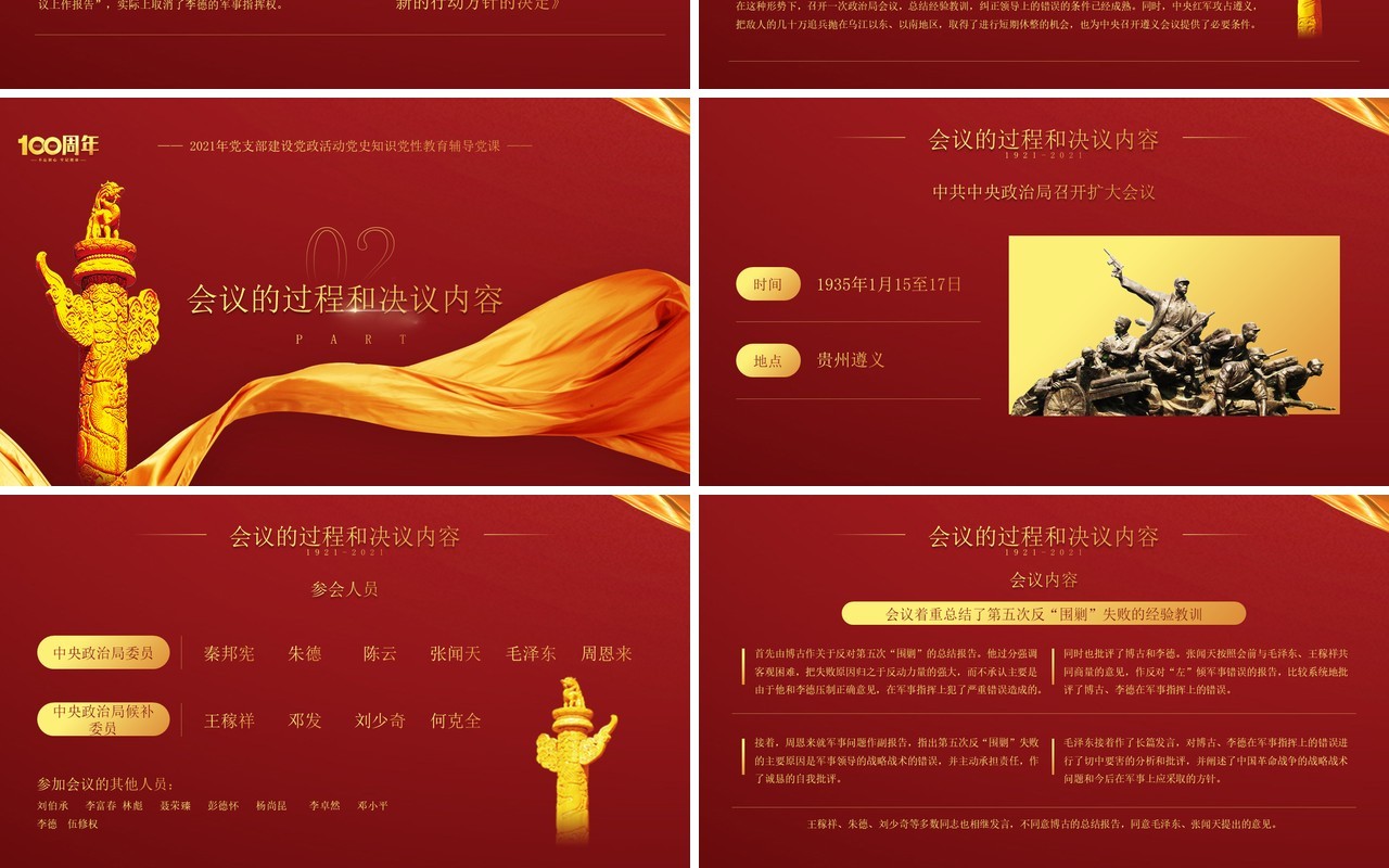 红金党政风党史学习遵义会议教育PPT模板
