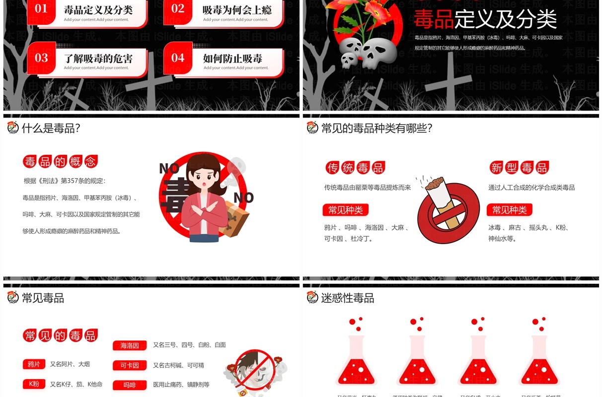 黑红简约卡通风禁毒宣传进校园PPT模板