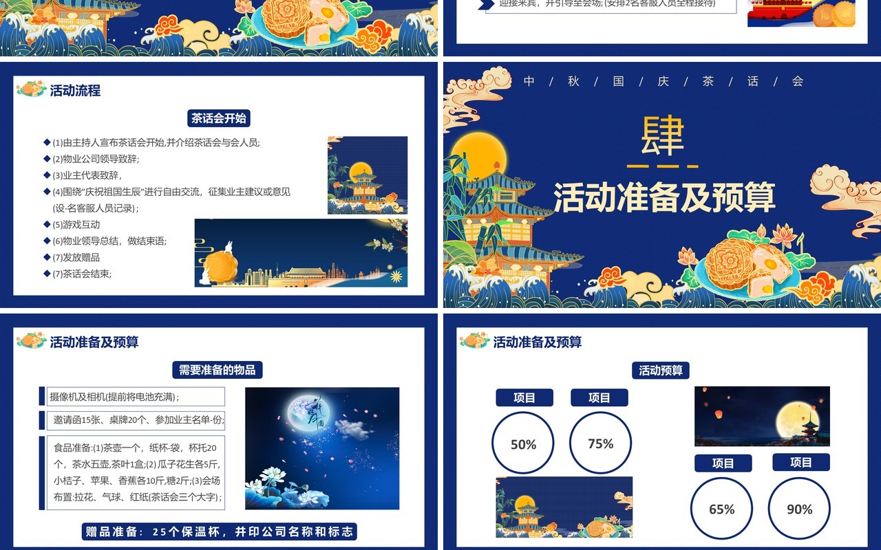 创意蓝色国潮风中秋国庆双节茶话会活动策划通用PPT模板