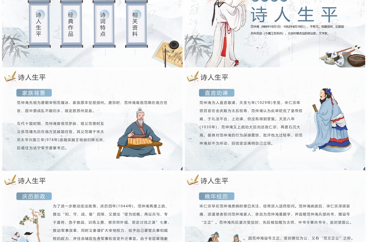 蓝色中国风爱国人物故事之范仲淹PPT模板