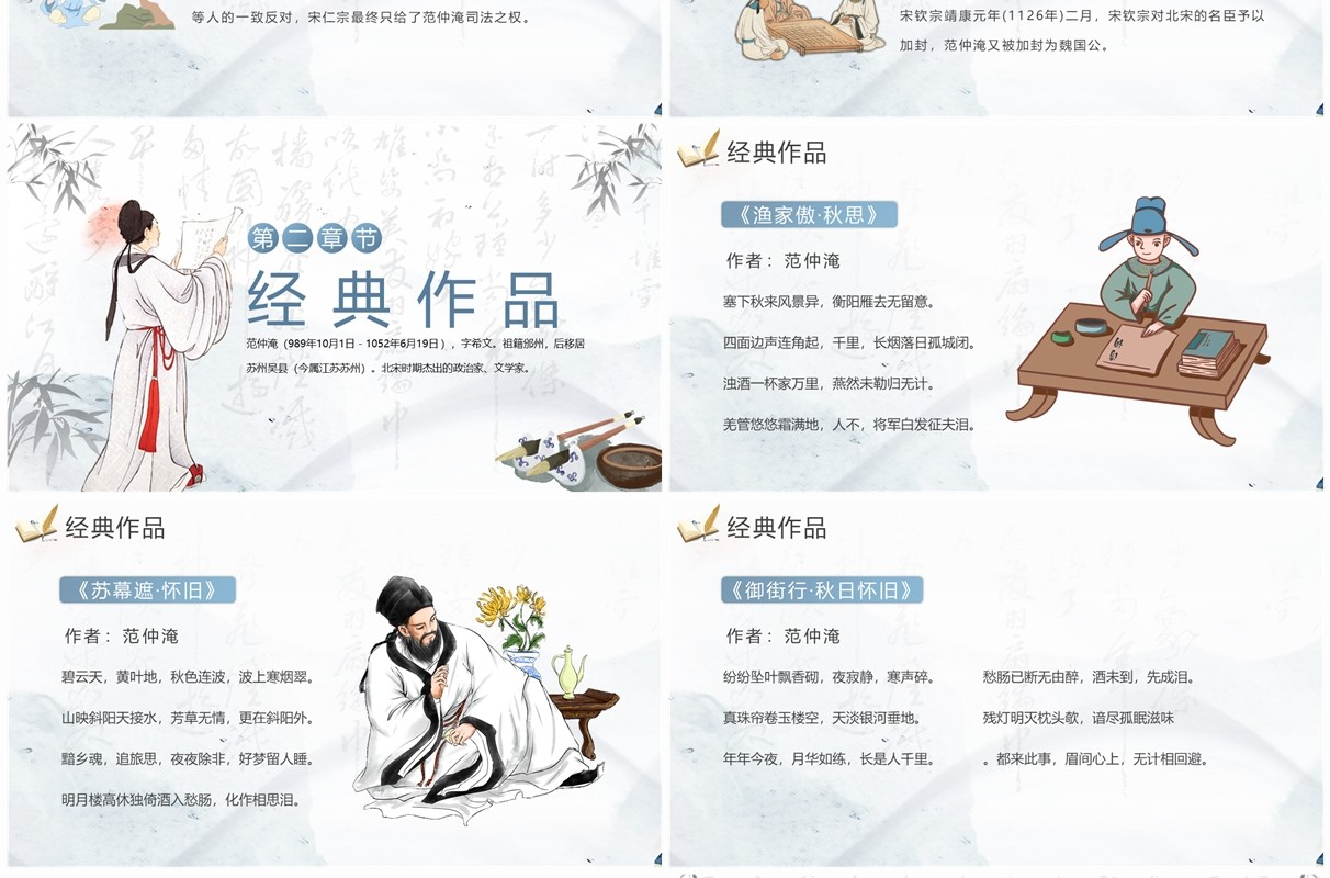 蓝色中国风爱国人物故事之范仲淹PPT模板