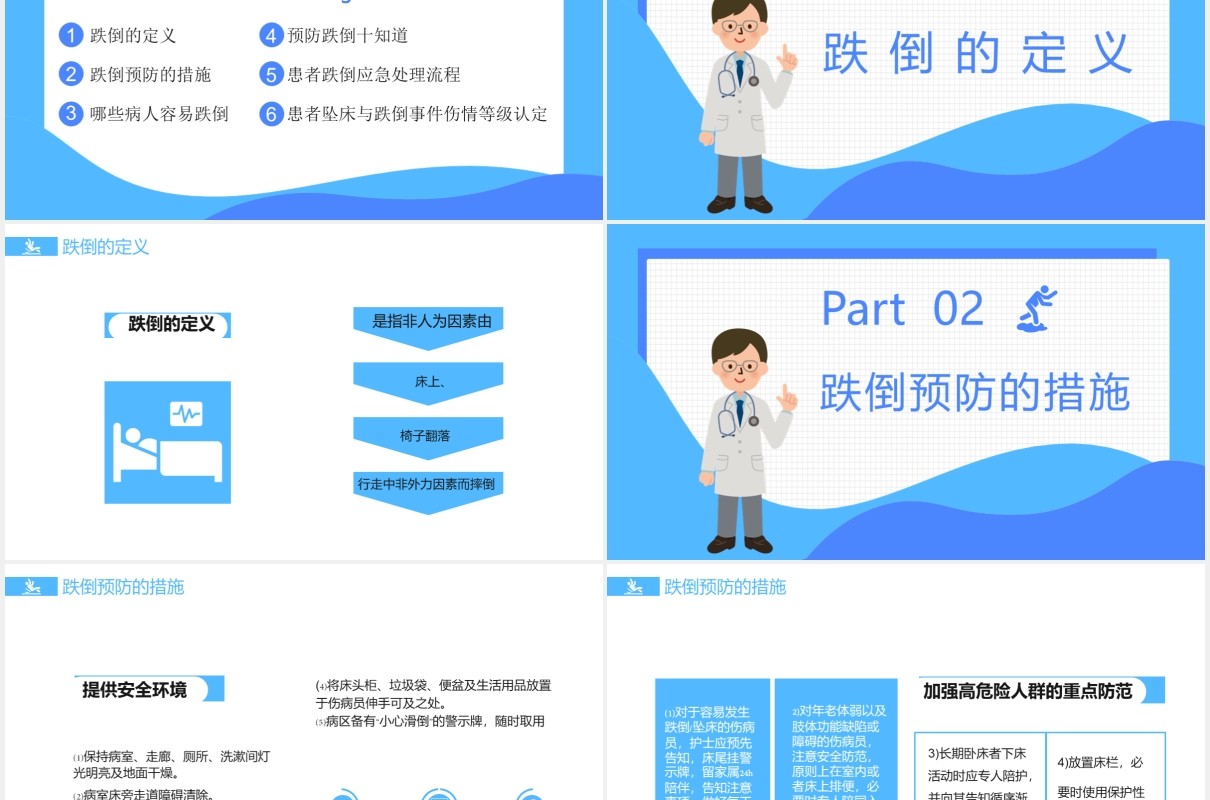 蓝色卡通跌倒坠床应急预案与处理流程通用PPT模板
