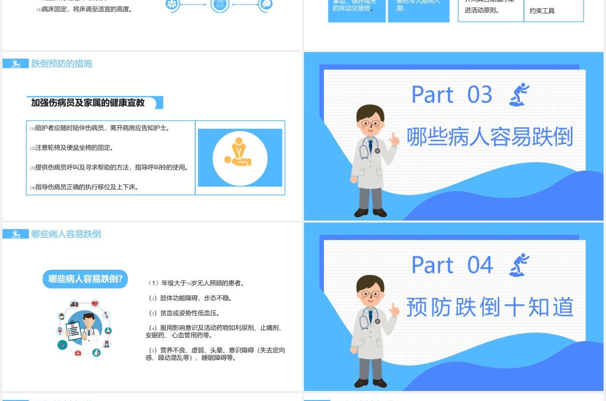 蓝色卡通跌倒坠床应急预案与处理流程通用PPT模板