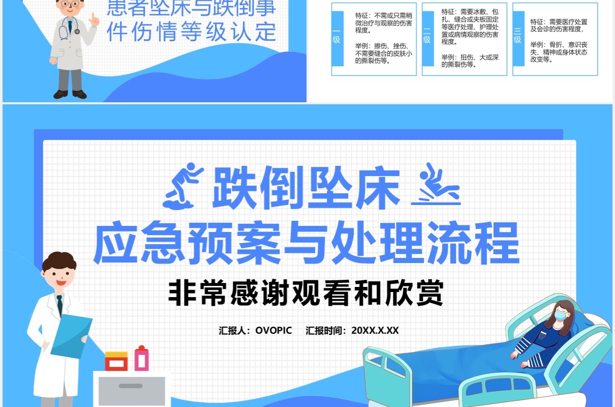 蓝色卡通跌倒坠床应急预案与处理流程通用PPT模板