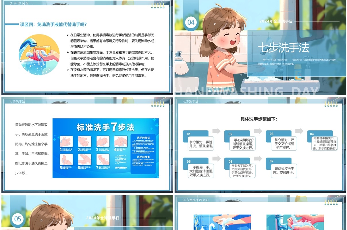 蓝色插画风全球洗手日介绍PPT模板