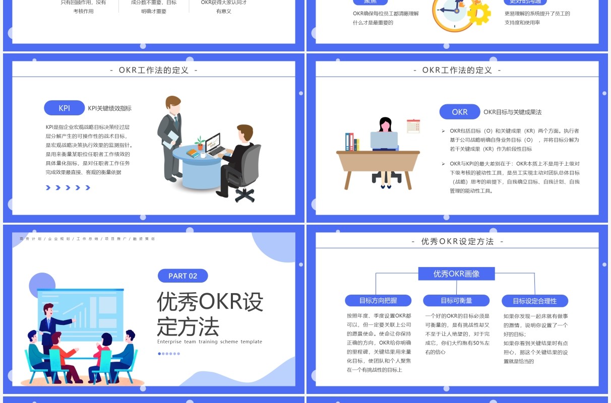 蓝色简约插画风OKR工作法企业培训PPT模板