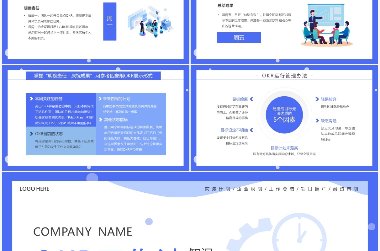 蓝色简约插画风OKR工作法企业培训PPT模板