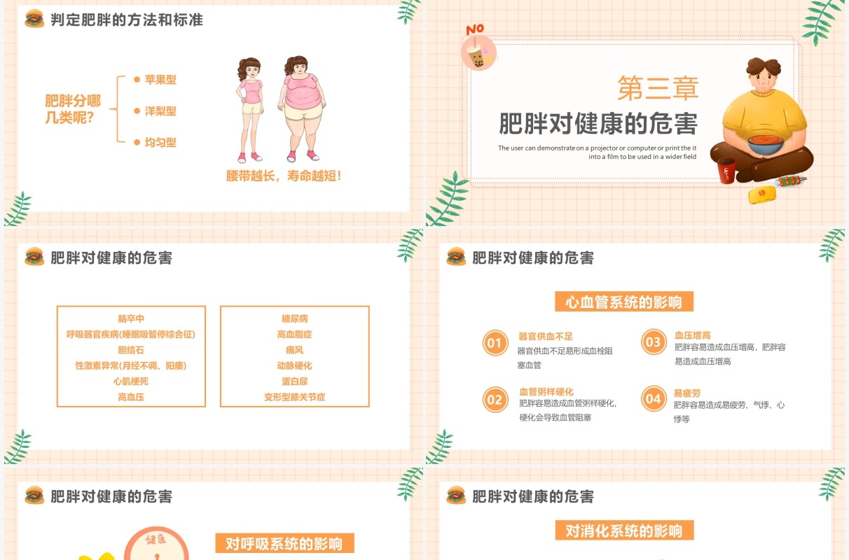 橙色卡通风肥胖的危害健康教育PPT模板