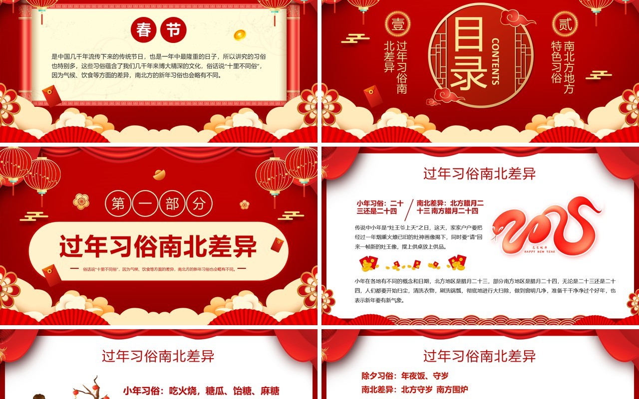红色中国风南北方春节不同习俗介绍PPT模板
